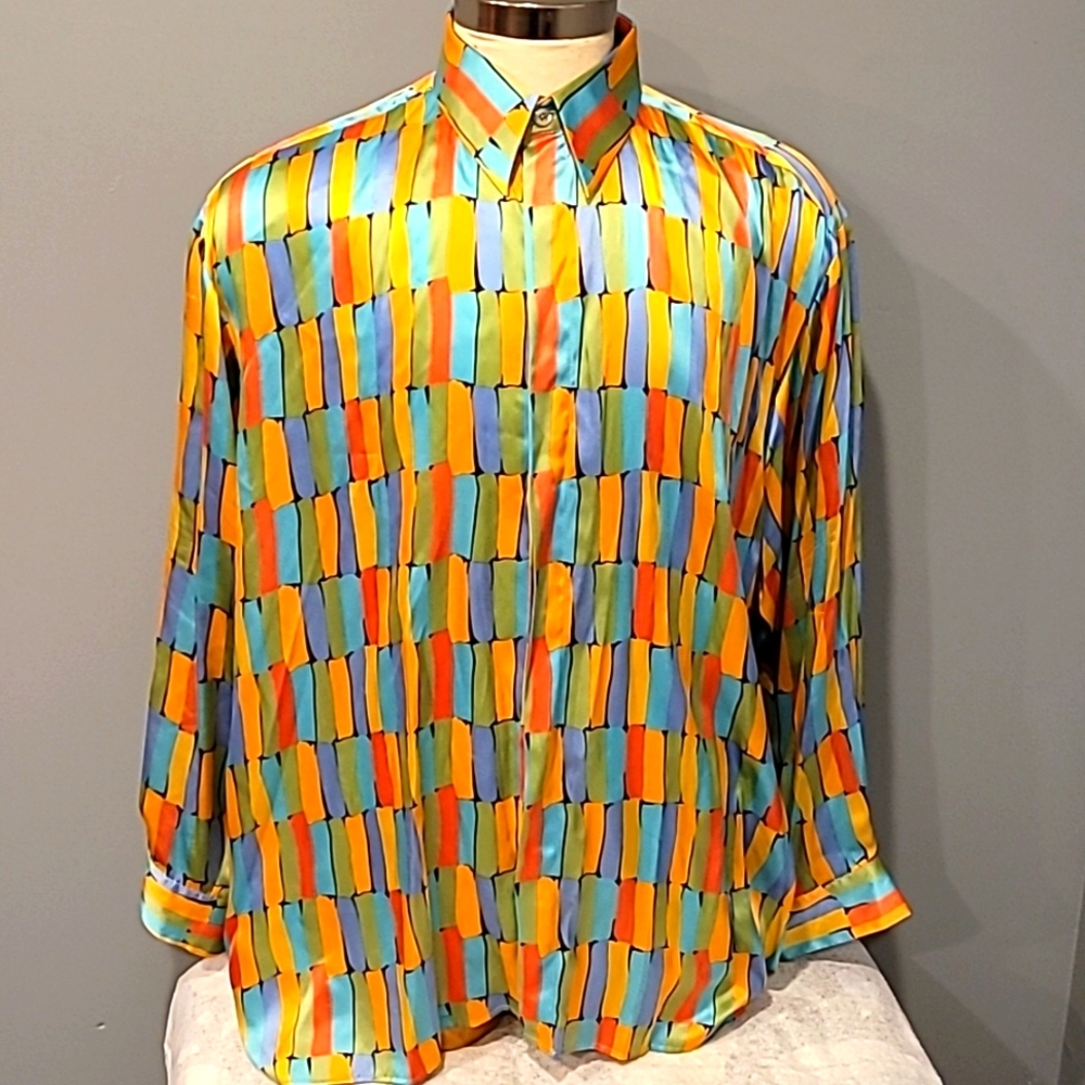 RARE Vintage Genelli Silk Long Sleeve Shirt Mens Size XXL Paint Print 90's